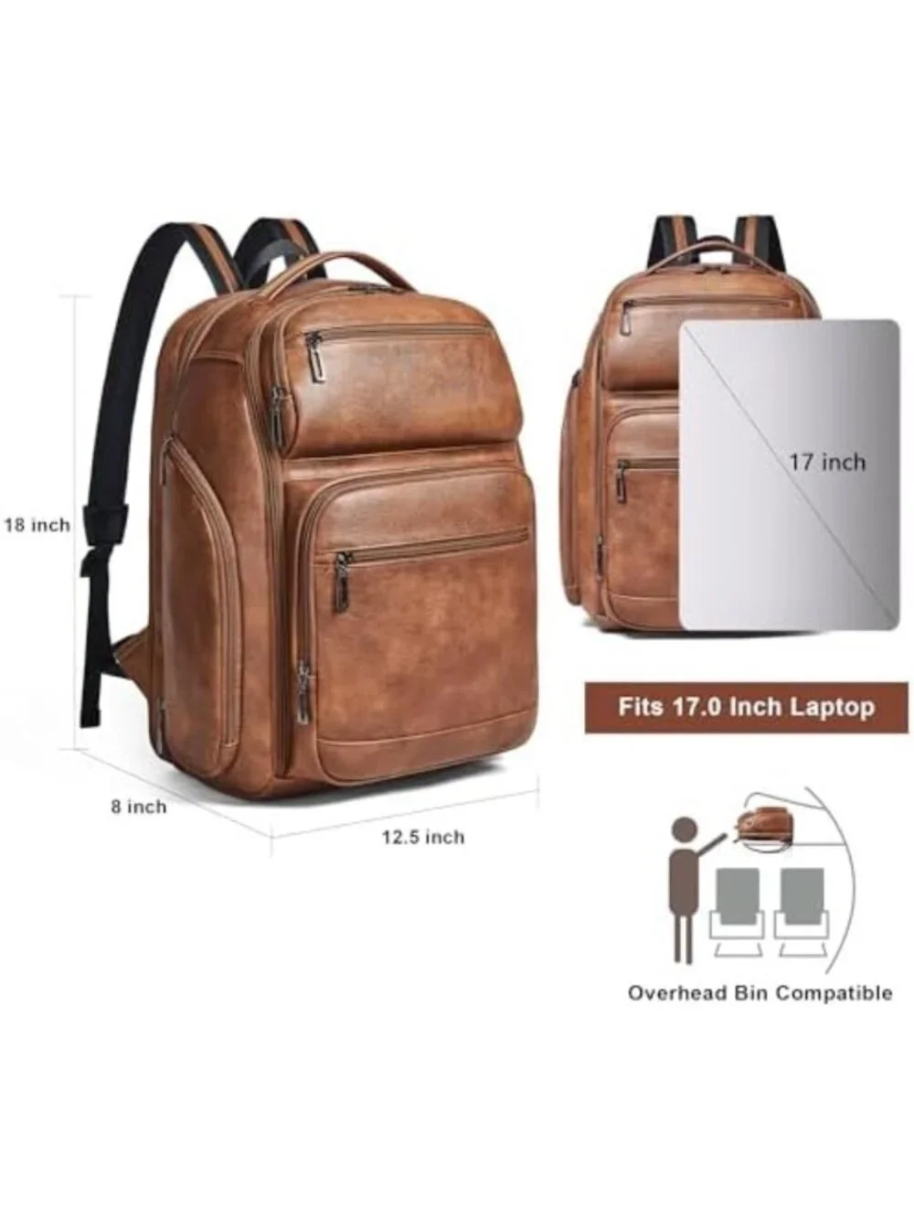 Expandable Vegan Leather Backpack, 40L Travel Bag for Laptops, USB Port, Brown
